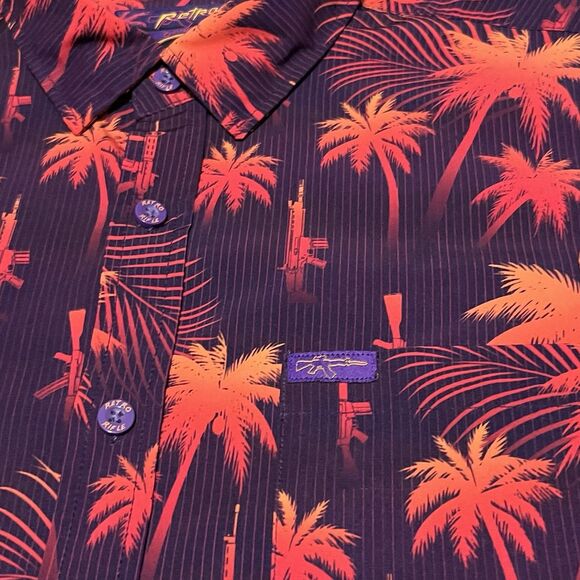 Retro Rifle Shirt Men’s Large Purple Orange Hawaiian Button Down Coastal Palm - Picture 2 of 7
